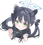 1girl alternate_hairstyle animal_ear_fluff animal_ears black_bow black_dress black_hair blue_archive blue_halo blush bow bowtie china_dress chinese_clothes chinese_commentary closed_mouth commentary_request cropped_torso dress extra_ears green_bow green_bowtie green_eyes hair_bow hair_intakes halo hands_up highres holding_own_hair long_hair looking_at_viewer mojo_(mojoawa) short_sleeves shun_(blue_archive) shun_(small)_(blue_archive) sidelocks simple_background smile solo split_mouth tiger_ears tiger_girl twintails upper_body upturned_eyes white_background 