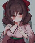  1girl bow breasts brown_hair drill_hair hair_bow hakama hakama_skirt harukaze_(kancolle) japanese_clothes kantai_collection kimono large_breasts long_hair looking_at_viewer mani_oniniku meiji_schoolgirl_uniform pink_hakama pink_kimono red_bow red_eyes red_hakama skirt solo twin_drills upper_body 