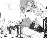  !? 2boys blush bottomless closed_mouth commentary_request dirty dirty_face dress_shirt earrings ensemble_stars! greyscale hand_on_another's_ass hand_on_another's_hip jewelry kanzaki_souma long_hair male_focus monochrome multiple_boys open_mouth otogari_adonis shirt short_hair simple_background speech_bubble spoken_interrobang sumomoi_(dvcat) sweat top-down_bottom-up translation_request vest white_background yaoi 