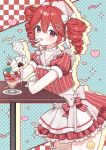  1girl absurdres ahoge apron arms_on_table bow cherry choker collarbone commentary_request cropped_shirt dot_nose double-parted_bangs drill_hair eating food fruit gloves hair_between_eyes hair_bow hair_ornament hat heart highres holding holding_spoon ice_cream kasane_teto light_blush looking_at_viewer midriff open_mouth puffy_short_sleeves puffy_sleeves red_eyes red_hair shirai_sahuni shirt short_sleeves sidelocks skirt smiley_face solo sparkle spoon sticker_on_leg striped_clothes striped_shirt striped_skirt twin_drills utau vertical-striped_clothes vertical-striped_shirt vertical-striped_skirt waist_apron waist_bow white_apron white_bow white_choker white_gloves x_hair_ornament 