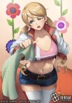  1girl belt blonde_hair blue_shorts breasts brown_belt commentary_request company_name copyright_logo copyright_name copyright_notice cowboy_shot earrings green_eyes gundam gundam_card_game gundam_tekketsu_no_orphans hand_on_own_hip heart heart_earrings holding holding_towel ishibashi_yosuke jewelry lafter_frankland logo long_hair low_twintails midriff nail_polish navel official_art open_mouth pink_sports_bra red_nails shorts solo sports_bra sweatdrop teeth thighhighs towel twintails upper_teeth_only white_thighhighs 