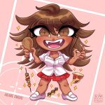  artist_name blush breasts brown_eyes brown_hair character_name chibi chibi_only chicken_(food) chicken_leg cleavage collarbone collared_shirt commentary danganronpa_(series) danganronpa_2:_goodbye_despair dark-skinned_female dark_skin english_commentary eyelashes fangs food full_body hair_between_eyes highres holding holding_food legs_apart long_hair lukis_art miniskirt open_mouth owari_akane pepperoni pepperoni_pizza pink_background pizza pizza_slice red_skirt shirt shish_kebab shoes short_sleeves skirt slit_pupils smile standing takoyaki teeth v-shaped_eyebrows watermark white_shirt white_shoes 