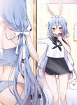  2girls animal_ear_fluff animal_ears ass ass_visible_through_thighs back bed black_neckerchief black_sailor_collar black_skirt blue_hair blue_panties blush clothes_hanger commentary_request crop_top duplicate hair_ribbon hairband highres holding holding_clothes_hanger hololive long_hair looking_at_mirror looking_at_self low_twintails mi_kamii2 mirror multiple_girls neckerchief panties picture_frame pleated_skirt rabbit_ears rabbit_girl red_eyes ribbon sailor_collar school_uniform serafuku shirt short_eyebrows skirt standing trying_on_clothes twintails underwear unworn_clothes usada_pekora virtual_youtuber white_hairband white_ribbon white_shirt 