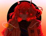  1girl absurdres adachi_rei commentary_request drawstring hand_up highres holding jacket long_sleeves looking_at_viewer medium_hair nanashi_00014 netsu_ijou_(utau) open_clothes open_jacket red_eyes red_hair solo upper_body 