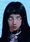  1girl absurdres aespa black_jacket blue_background blue_eyes commentary english_commentary expressionless face_piercing glowing glowing_eyes head_tilt highres jacket k-pop karina_(aespa) lip_piercing looking_at_viewer mole mole_under_mouth nose_piercing piercing portrait real_life realistic shirt sleepi_lizz solo white_shirt 