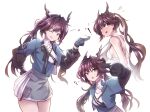  ! 1girl :d ;d ? absurdres arknights arknights:_endfield black_gloves black_hair blue_gloves blush bra breasts chen_qianyu_(arknights) commentary cowboy_shot cropped_jacket dragon_girl dragon_horns dress eastern_dragon_horns embarrassed english_commentary flying_sweatdrops gloves hand_up highres horns jacket long_hair long_sleeves looking_at_viewer looking_back lvstre multicolored_gloves multiple_views one_eye_closed open_clothes open_mouth smile star_(symbol) teeth thighs twintails two-tone_gloves underwear white_background white_bra 