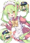  2girls alternate_costume apron blue_archive blush bow chibi chibi_inset commentary_request dress earrings embarrassed enmaided fang four-pointed_star frilled_apron frills gloves green_hair green_halo hair_ribbon halo hand_up hat highres hikari_(blue_archive) jewelry long_hair long_sleeves looking_at_viewer maid maid_apron maid_headdress multiple_girls notice_lines nozomi_(blue_archive) open_mouth peaked_cap pink_dress pink_skirt pointy_ears raised_eyebrows reaction_inset ribbon siblings simple_background sisters skirt smile solo_focus thighhighs thumbs_up triangle_mouth tsukimirin twins twintails white_apron white_background white_gloves white_thighhighs yellow_bow yellow_eyes zettai_ryouiki 