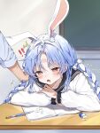  1boy 1girl animal_ear_fluff animal_ears blue_eyes blue_hair book commentary_request highres hololive mi_kamii2 open_book open_mouth orange_eyes pen rabbit_ears rabbit_girl school_uniform table twintails usada_pekora virtual_youtuber white_hair 