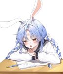  1boy 1girl animal_ear_fluff animal_ears blue_eyes blue_hair book commentary_request highres hololive mi_kamii2 open_book open_mouth orange_eyes pen rabbit_ears rabbit_girl school_uniform table twintails usada_pekora virtual_youtuber white_hair 