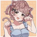  1girl animal_ear_fluff animal_ears black_ribbon blush breasts brown_hair cat_ears cleavage collared_shirt commentary_request fang hair_ornament hair_ribbon hairclip idolmaster idolmaster_shiny_colors ikuta_haruki multiple_hairclips open_mouth paw_pose pippo_(pippo314) ribbon shirt sleeveless smile solo twintails yellow_eyes 