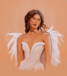  1girl bare_shoulders blush braid braided_ponytail brown_hair closed_mouth commentary dress earrings fake_wings highres jewelry looking_to_the_side microplaid real_life simple_background solo upper_body white_dress wings zendaya 