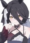  1girl ahoge animal_ears bare_shoulders black_hair blush breasts choker closed_mouth commentary_request detached_sleeves dress ear_ornament flower grey_veil hair_between_eyes hair_bun highres horse_ears horse_girl lace-trimmed_choker lace_trim long_hair_between_eyes looking_at_viewer manhattan_cafe_(mysterious_rose)_(umamusume) manhattan_cafe_(umamusume) minu0_u multicolored_hair ribbon short_hair simple_background small_breasts smile solo umamusume upper_body veil white_background white_dress yellow_eyes 