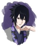  1boy bkg0303 black_eyes black_hair commentary_request floral_print highres japanese_clothes korean_commentary male_focus naruto_(series) naruto_shippuuden parted_lips portrait purple_background serious solo uchiha_sasuke 