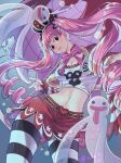  1girl absurdres black_eyes bow bowtie capelet commentary cowboy_shot crop_top crown drill_hair floating_hair fur-trimmed_capelet fur_trim ghost highres holding holding_umbrella lone_nape_hair looking_at_viewer midriff one_piece pantyhose perona pink_bow pink_bowtie pink_hair red_capelet red_skirt siba_xj skirt striped_clothes striped_pantyhose tongue tongue_out twintails umbrella 