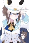  >_< 1girl animal_ears ascot black_shorts blue_cape blue_eyes blush breasts brown_hair cape cheval_grand_(grand_itineraire)_(umamusume) cheval_grand_(umamusume) closed_mouth collared_shirt commentary_request ear_covers ears_through_headwear hair_between_eyes hat hat_belt highres holding holding_unworn_clothes holding_unworn_hat horse_ears horse_girl horse_tail jacket large_breasts looking_at_viewer midriff_peek minu0_u multicolored_hair navel peaked_cap shirt shorts streaked_hair tail umamusume unworn_hat unworn_headwear white_hair white_hat white_jacket yellow_ascot 