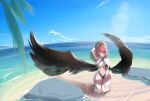  1girl absurdres alternate_costume beach bikini black_bikini black_wings blue_sky breasts cloud commentary day english_commentary hair_intakes hat highres horizon kuro1tanaka large_breasts looking_at_viewer medium_hair navel ocean outdoors palm_tree pink_hair purple_eyes remielle_dan remielle_dan_(moonlight_whispers) sand sky smile solo swimsuit tree water wings zenless_zone_zero 