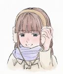  1girl blunt_bangs brown_hair coat commentary_request earmuffs grin headphones highres long_hair long_sleeves nirei_nozomi porari portrait purple_scarf real_life scarf simple_background smile solo white_background white_coat 