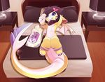  2016 anthro armpits bed bedroom black_hair blue_eyes cute dragon eating female hair horn lamp looking_up lying marshmallow on_back rudragon scales scalie solo wings yellow_scales 