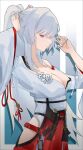  1girl absurdres ang_bai_quan arm_up breasts closed_mouth clothing_cutout colored_eyelashes commentary_request from_side hair_tie hakama hakama_skirt highres hip_vent hiyuki_(wuthering_waves) holding holding_hair_tie japanese_clothes kimono large_breasts long_hair long_sleeves looking_at_viewer off_shoulder ponytail profile red_eyes red_hakama sideways_glance skirt solo white_hair white_kimono wuthering_waves 