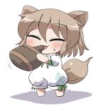  1girl :3 :d animal_ear_fluff animal_ears barefoot blush bottle brown_hair chibi chibi_only closed_eyes commentary_request fox_ears fox_girl fox_tail full_body green_ribbon hair_between_eyes holding holding_bottle kudamaki_tsukasa neck_ribbon open_mouth ribbon rokugou_daisuke romper short_hair short_sleeves signature simple_background sleeve_ribbon smile solo standing tail touhou white_background white_romper 