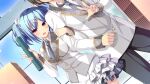  1boy 1girl arm_hug black_pants blue_hair bow buttons day diploma_tube dutch_angle e_school_life frilled_skirt frills game_asset grey_jacket grey_necktie hair_bow hair_ornament hairclip holding_tube indoors jacket lapels long_sleeves miniskirt multicolored_jacket necktie non-web_source official_art open_mouth pants pink_eyes plaid_clothes rinks school_uniform shelf short_hair side-by-side skirt sleeve_cuffs standing suzuyama_misato twintails two-tone_jacket w white_bow white_jacket window x_hair_ornament 