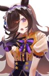  1girl animal_ears bat_wings black_gloves blue_flower blue_rose blush bow breasts brown_hair commentary disney_o626 flipped_hair flower frilled_hairband frills gloves hair_over_one_eye hairband highres horse_ears horse_girl long_hair looking_at_viewer official_alternate_costume open_mouth puffy_short_sleeves puffy_sleeves purple_eyes purple_skirt purple_wings rice_shower_(umamusume) rice_shower_(vampire_makeover!)_(umamusume) rose shirt short_sleeves simple_background skirt small_breasts solo star_(symbol) teeth umamusume untranslatable_commentary white_background white_shirt wings 