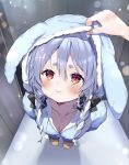  1girl 1other alternate_costume animal_ears animal_hood blue_hair blush braid breasts commentary_request duplicate from_above hand_blush highres hololive hood hood_up looking_at_viewer looking_up mi_kamii2 multicolored_hair pout pov pov_hands rabbit_ears rabbit_hood short_eyebrows solo_focus thick_eyebrows twin_braids two-tone_hair usada_pekora virtual_youtuber white_hair 