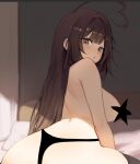  1girl ahoge armpit_crease ass back bed black_thighhighs blank_censor blush breasts brown_eyes brown_hair censored censored_nipples commentary english_commentary heart heart_ahoge heart_in_eye highres indie_virtual_youtuber indoors large_breasts long_hair looking_at_viewer median_furrow nude shoulder_blades sky_above_me sky_above_me_(vtuber) solo star_censor symbol_in_eye thighhighs thighs topless_female virtual_youtuber 