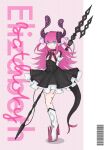  1girl absurdres asymmetrical_horns blue_eyes boots character_name commentary curled_horns detached_sleeves dragon_girl dragon_horns dragon_tail dress elizabeth_bathory_(fate) elizabeth_bathory_(fate/extra) english_commentary fate/extra fate/extra_ccc fate/grand_order fate_(series) full_body highres holding holding_polearm holding_weapon horns long_hair looking_at_viewer pink_hair pointy_ears polearm ribbon sarkany_csont_landzsa shirofox66 skirt smile solo spiked_boots tail two_side_up uneven_horns weapon 