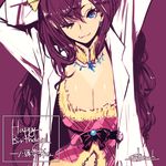  ;) ;3 arms_behind_head arms_up blue_eyes breasts cleavage closed_mouth earrings gbmah ichinose_shiki idolmaster idolmaster_cinderella_girls jewelry labcoat large_breasts long_hair looking_at_viewer necklace one_eye_closed purple_background purple_hair simple_background smile solo 