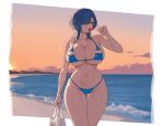  1girl bag beach bikini blue_bikini blue_eyes blue_hair breasts candy character_request collarbone commentary copyright_request dusk english_commentary evil_rat florida_bikini food hair_over_one_eye highres holding holding_bag holding_candy holding_food holding_lollipop linea_alba lollipop makoto_(lmasayoshi) navel ocean original outdoors plastic_bag second-party_source solo stomach swimsuit 