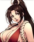  1girl absurdres armpit_crease bare_shoulders black_hair breasts brown_eyes brown_hair cleavage collarbone commentary fatal_fury high_ponytail highres large_breasts lips long_hair looking_at_viewer motoyui parted_bangs parted_lips ponytail revealing_clothes revengoi rope shiranui_mai solo the_king_of_fighters upper_body white_background 