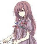  1girl adapted_costume alternate_costume aqua_bow blue_bow book bow casual closed_mouth collared_dress commentary_request dot_nose dress expressionless hair_bow hair_ribbon looking_to_the_side missing_headwear miya_(tsumazukanai) no_pupils open_book patchouli_knowledge puffy_short_sleeves puffy_sleeves purple_dress purple_eyes purple_hair red_bow ribbon short_sleeves simple_background solo striped_clothes striped_dress touhou tress_ribbon unfinished upper_body vertical-striped_clothes vertical-striped_dress white_background wing_collar 