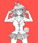  1girl artist_name breast_pocket breasts cleavage clenched_hands commentary cowboy_shot danganronpa_(series) danganronpa_2:_goodbye_despair double_biceps_pose english_commentary eyelashes faux_traditional_media flexing greyscale_with_colored_background grin hair_between_eyes highres large_breasts legs_apart lukis_art medium_hair owari_akane pocket procreate_(medium) red_background sharp_teeth short_sleeves simple_background skirt smile solo standing teeth v-shaped_eyebrows 
