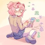  1girl blackmail blue_skirt blush box_chan brown_shirt cellphone commentary cum doki_doki_literature_club ejaculation english_commentary erection full_body futanari futanari_masturbation hair_intakes highres holding holding_phone implied_yuri large_penis looking_back masturbation monika_(doki_doki_literature_club) natsuki_(doki_doki_literature_club) nervous_sweating original penis phone pink_eyes pink_hair shirt shoes simple_background sitting skirt smartphone socks solo sweat two_side_up uncensored wariza white_socks yuri_(doki_doki_literature_club) 