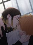  2boys absurdres black_hair black_hoodie blonde_hair caheoarts commentary dated english_commentary face-to-face haikyuu!! highres hinata_shouyou hood hood_down hoodie imminent_kiss indoors kozume_kenma looking_at_another male_focus multicolored_hair multiple_boys open_mouth orange_hair parted_lips shirt t-shirt teeth twitter_username two-tone_hair white_shirt yaoi 