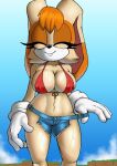  1girl alternate_breast_size_(larger) alternate_costume animal_nose bikini breasts brown_eyeshadow closed_eyes closed_mouth deliciouscake denim denim_shorts eyeshadow front-tie_bikini_top front-tie_top furry furry_female gloves large_breasts makeup midriff navel orange_fur pulling_own_clothes rabbit_girl shorts sonic_(series) swimsuit vanilla_the_rabbit very_long_ears white_gloves 