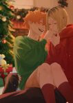  2boys absurdres black_pants box brown_shorts caheoarts christmas christmas_tree closed_eyes commentary english_commentary facing_another fangs gift gift_box green_shirt haikyuu!! highres hinata_shouyou hood hoodie kiss kissing_hand kozume_kenma male_focus multicolored_hair multiple_boys open_mouth pants red_hoodie red_socks roots_(hair) shirt shorts sitting_between_legs smile socks teeth two-tone_hair yaoi 