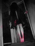  1girl barefoot black_dress black_hair black_nails blood blood_on_clothes blood_on_feet blood_on_hand colored_blood colored_skin dark doorway dress dutch_angle feet from_below full_body greyscale horror_(theme) indoors jmfenner91 knees long_hair looking_at_viewer monochrome night original pink_blood reflection solo spot_color standing surreal wide_sleeves 