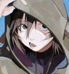  1girl animal_ears black_eyes black_hair black_shirt blue_background hood hood_up hoodie jewelry necklace open_mouth original portrait shirt short_hair teeth yonq98 