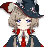  1girl black_hat blue_eyes brown_hair chain chinese_commentary closed_mouth commentary_request genshin_impact hat highres hongshao_shandao looking_at_viewer necktie red_necktie sandrone_(genshin_impact) sandrone_(vampire_hunter)_(genshin_impact) shirt simple_background solo upper_body white_background white_shirt 
