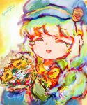 1girl absurdres aoba_(blue_archive) birthday blue_archive blue_hat blue_jacket bouquet bow bowtie brown_shirt closed_eyes collar collared_shirt commentary flower fluffy_hair halo happy_birthday hat highres holding holding_bouquet jacket light_blush long_sleeves low_twintails newsboy_cap orange_halo peaked_cap shirt solo tears twintails yellow_flower yellow_halo yubanayuna 
