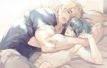  2boys absurdres arm_around_neck arms_up black_shirt blue_hair closed_eyes commentary_request cowboy_shot crossed_bangs curtained_hair double-parted_bangs drooling genshin_impact grey_pants hair_intakes highres indoors lohen_(genshin_impact) looking_at_another looking_to_the_side lying male_focus medium_hair mizutani_(zattany) multicolored_eyes multiple_boys multiple_scars muscular muscular_male on_bed on_side open_mouth pants parted_hair scar scar_on_arm scar_on_cheek scar_on_face shirt short_hair short_sleeves sideways_glance sleeping t-shirt varka_(genshin_impact) veins veiny_arms white_shirt 
