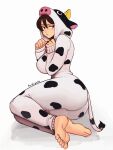  1girl :t absurdres adjusting_hood angry animal_costume arms_up ass barefoot breasts brown_eyes brown_hair character_request clenched_hands closed_mouth commentary copyright_request cow_costume double-parted_bangs english_commentary feet foreshortening freckles from_side frown highres kigurumi knees_up large_breasts long_sleeves looking_to_the_side lying on_side original pout presenting_foot raichiyo33 signature simple_background sleeves_past_wrists soles solo toes twitter_username v-shaped_eyebrows white_background 