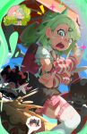  3girls 666hidemoonbird angels_of_delusion aria_(robot)_(zenless_zone_zero) aria_(zenless_zone_zero) arm_warmers bag black_hair black_sclera blush bow colored_inner_hair colored_sclera day earrings green_bow green_eyes green_hair hair_bow hair_ornament hairclip halo happy_birthday highres humanoid_robot jewelry joints looking_at_viewer multicolored_hair multiple_girls multiple_hairclips musical_note_earrings nangong_yu necktie open_clothes open_mouth outdoors pink_arm_warmers pink_bag pink_hair red_eyes red_necktie robot robot_girl robot_joints scar scar_on_back scared shirt skirt striped_arm_warmers sunna_(zenless_zone_zero) twintails white_shirt white_wings winged_bag wings zenless_zone_zero 