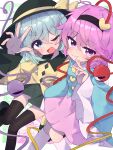  2girls :d ;d black_hairband black_hat black_thighhighs blue_shirt blush bow buttons closed_mouth collared_shirt commentary diamond_button disembodied_linked_eye eyeball frilled_sleeves frills green_eyes green_hair green_skirt hair_ornament hairband hat hat_bow heart heart_button heart_hair_ornament heart_of_string kneehighs komeiji_koishi komeiji_satori long_sleeves looking_at_viewer multiple_girls one_eye_closed open_mouth pink_eyes pink_hair pink_skirt shirt siblings signature sisters skirt smile socks soesoe300 thighhighs touhou white_socks wide_sleeves yellow_bow yellow_shirt zettai_ryouiki 