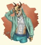  abs anthro antlers bulge cervine clothed clothing deer dognextdoor horn looking_at_viewer male mammal navel open_jacket simple_background smile solo 