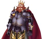  1boy armor arms_at_sides beard breastplate brown_eyes brown_hair cape chainmail clenched_hands cowboy_shot crown dwarf facial_hair game_asset gauntlets gold_trim large_variant_set looking_at_viewer male_focus mustache non-web_source official_art open_mouth orange_hair plate_armor red_cape red_hair self-datamine shoulder_armor sigmund_musbelheim simple_background solo standing tachi-e taima_seikou_alice transparent_background variant_set white_background zol 