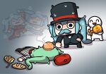  1boy 2026_fifa_world_cup 4girls argentina argentinian_miku baguette beret bow bowtie bread chibi england english_miku face_down facial_hair fifa food france grabbing_another's_hair hat hatsune_miku hatsune_miku_world_cup_custody_battle_(meme) head_bump highres holding holding_another's_hair holding_trophy keenbiscuit lying meme multiple_girls mustache on_ground shirt spain spanish_miku striped_clothes striped_shirt suit sweat top_hat trophy twintails vocaloid world_cup 