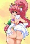  1girl :3 animal_ears armlet ass bare_shoulders blush breasts female furry green_swimsuit highres huge_ass large_breasts long_hair looking_at_viewer paws pericci perisie perisie_(star_ocean) ponytail red_eyes red_hair ryoi shiny shiny_hair shiny_skin sideboob smile solo star_ocean swimsuit tail thighs wolf_ears wolf_tail 